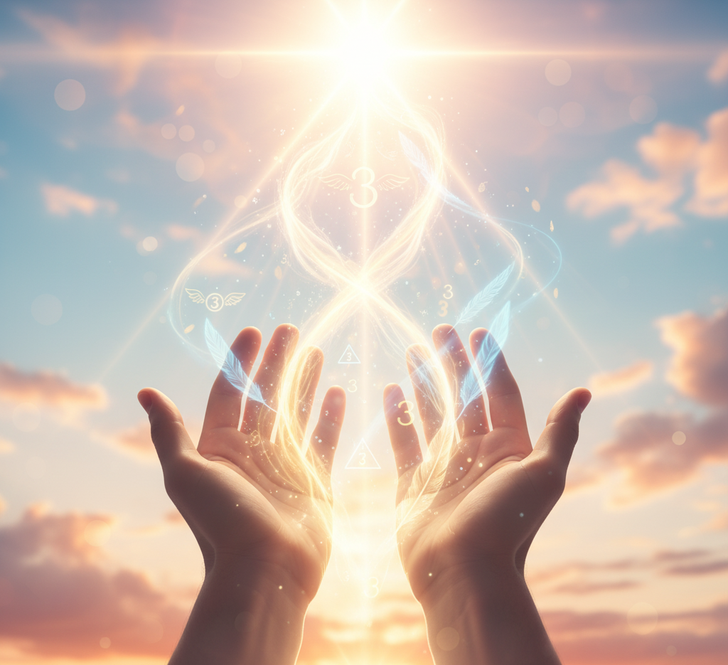 maos elevadas recebendo energia positiva e luz divina com simbolos angelicais