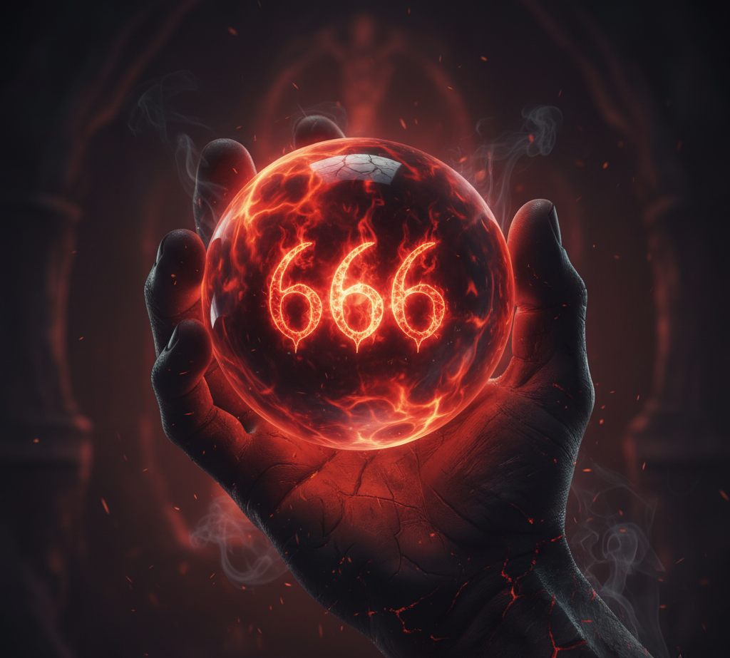 Mão segurando esfera de luz com 666, simbolizando equilíbrio e Lei da Atração