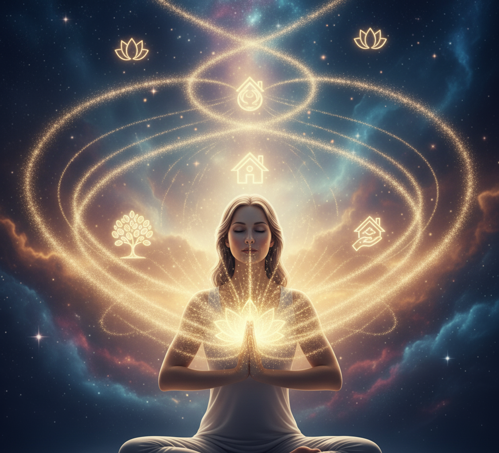 Visualização de uma pessoa em meditação profunda, com anéis de luz colorida ao redor, representando a elevação da vibração através da repetição de mantras.