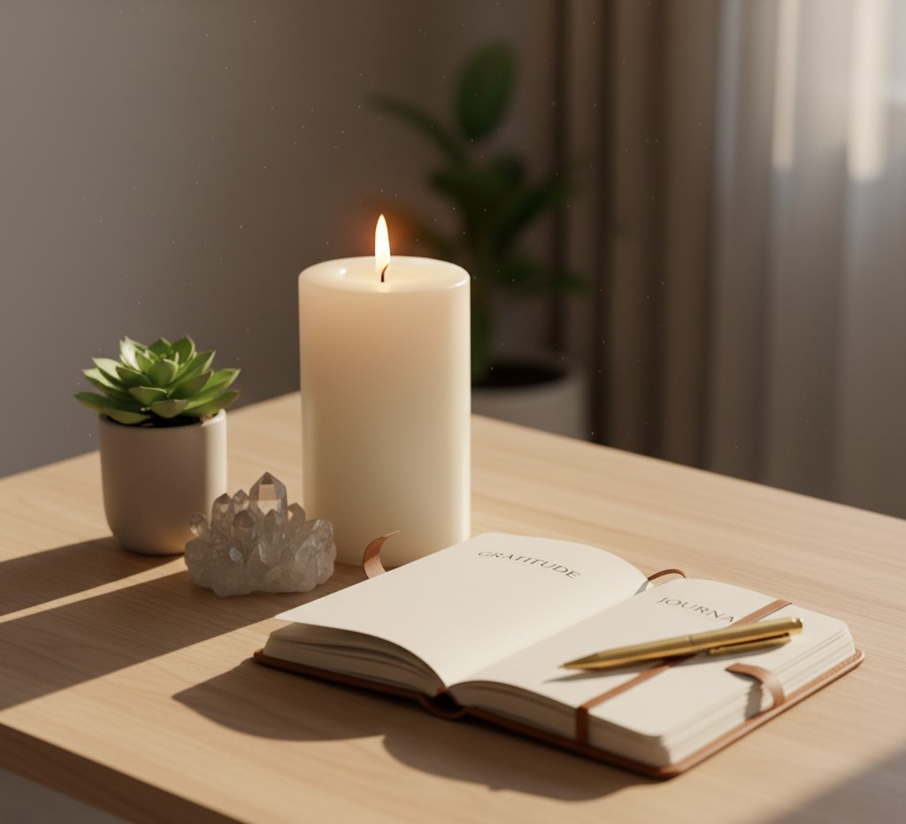 Mesa organizada com vela, cristais e diário de gratidão, simbolizando elevação energética e prática diária antes de 2026.