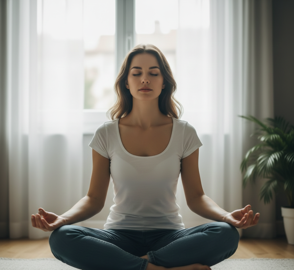 Mulher meditando em ambiente calmo para cuidar do bem-estar emocional e mental com a Lei da Atração.