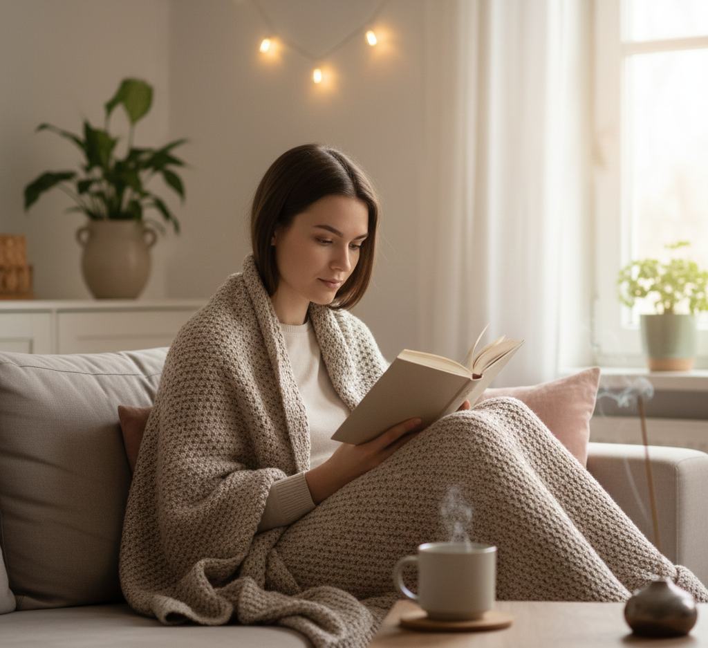 Mulher relaxando no sofá com um cobertor, lendo um livro e tomando chá quente, praticando autocuidado e rituais de bem-estar em casa.