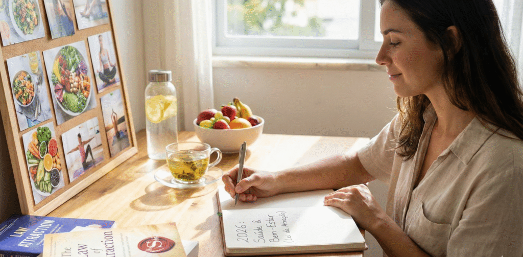 Mulher escrevendo metas de saúde, bem-estar e autocuidado para o próximo ano em um caderno.