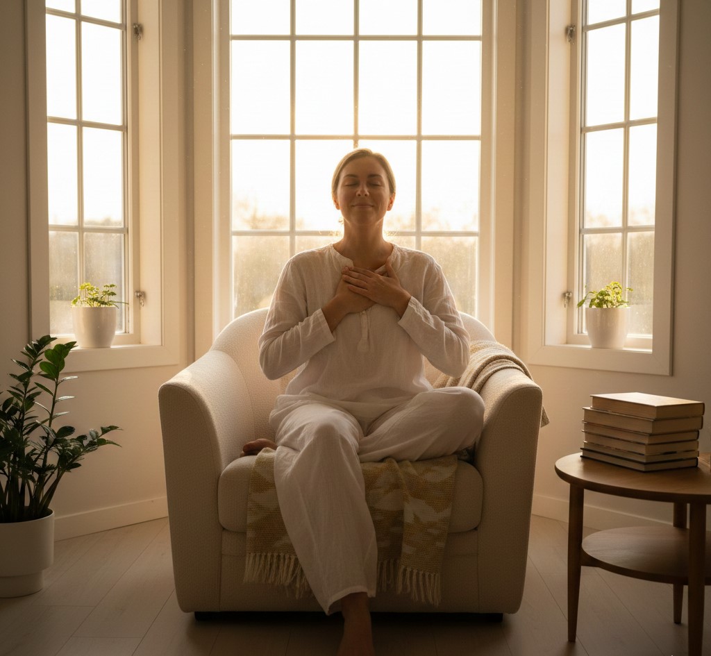 Pessoa com mão no coração em ambiente iluminado, praticando gratidão para elevar a vibração antes de 2026.