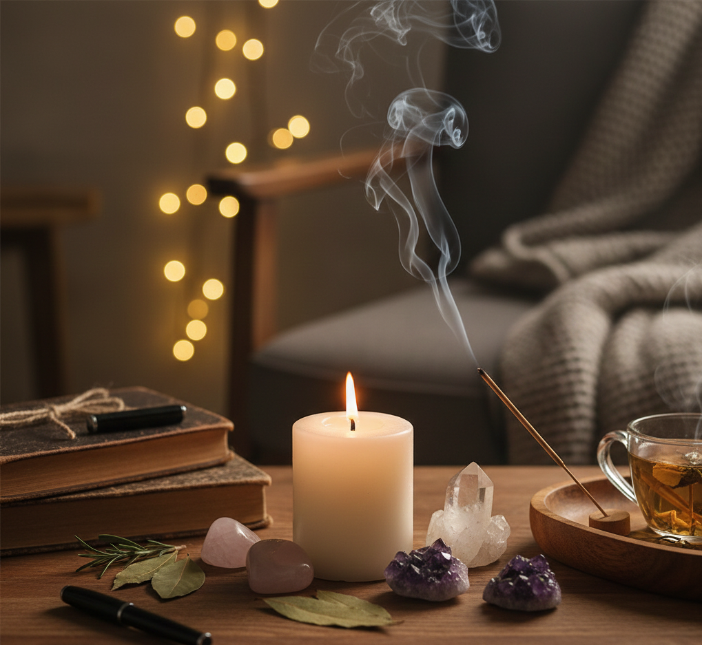 Mesa com cristais, vela acesa e objetos energéticos usados no ritual da carta mágica de fim de ano