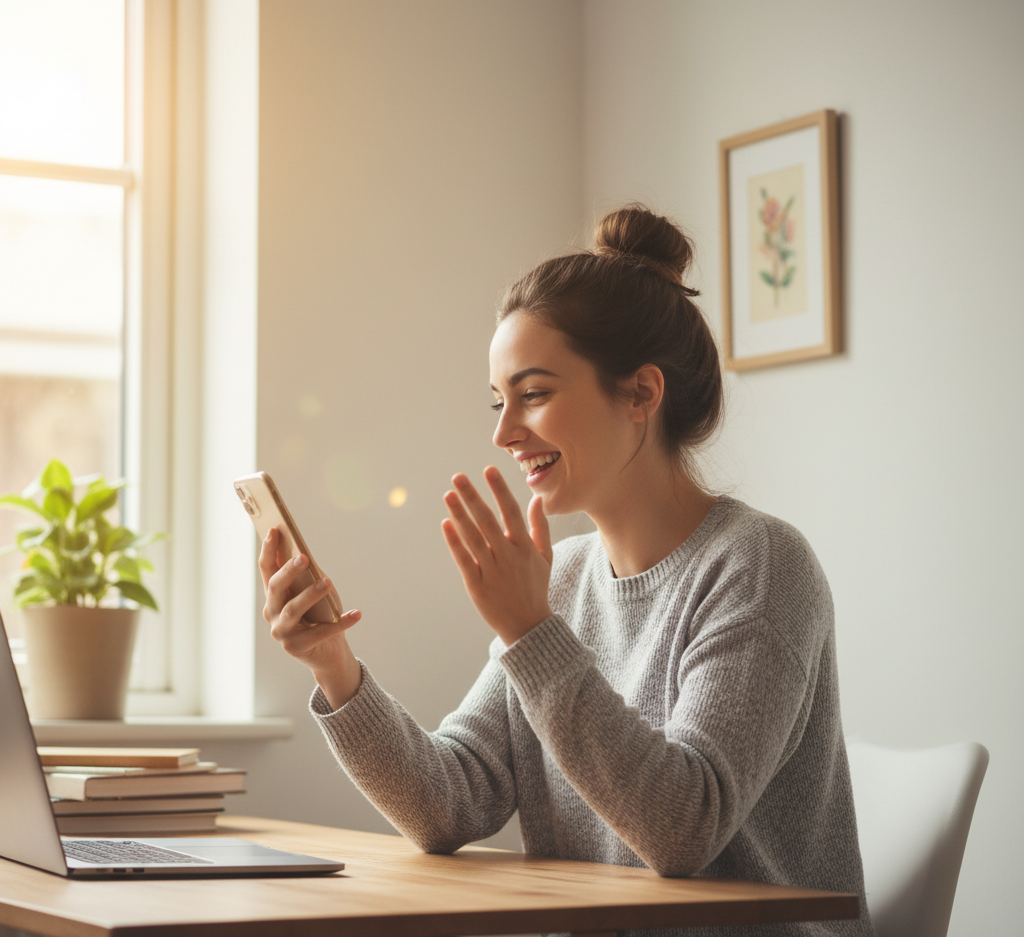 Pessoa sorrindo ao receber notícia inesperada, representando sincronicidades e resultados da visualização prática.