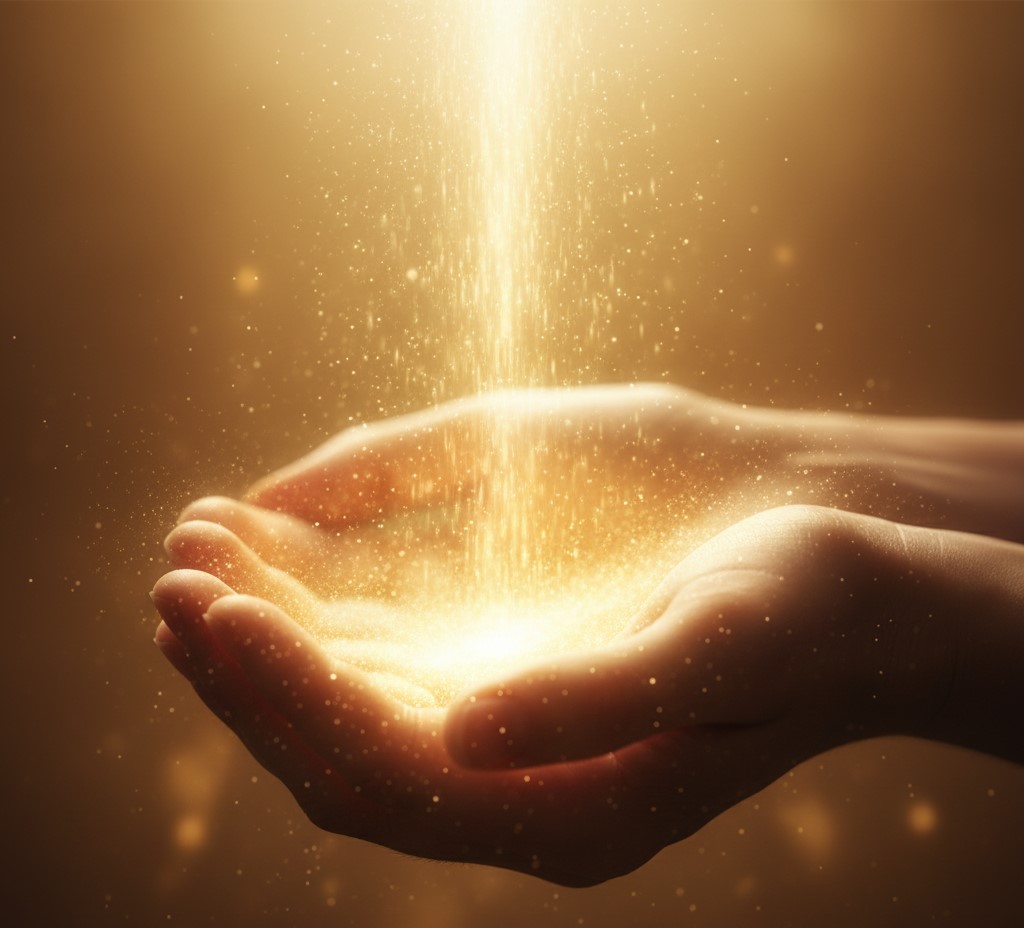 Mãos abertas recebendo luz dourada, simbolizando transformação da dúvida em confiança vibracional.