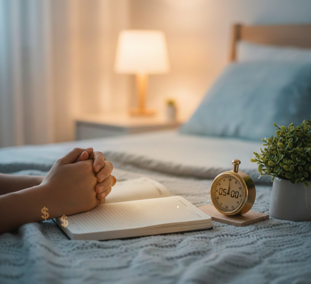 Pessoa praticando exercício mental de 5 minutos antes de dormir para atrair dinheiro de forma honesta, com relógio marcador e símbolos de prosperidade.