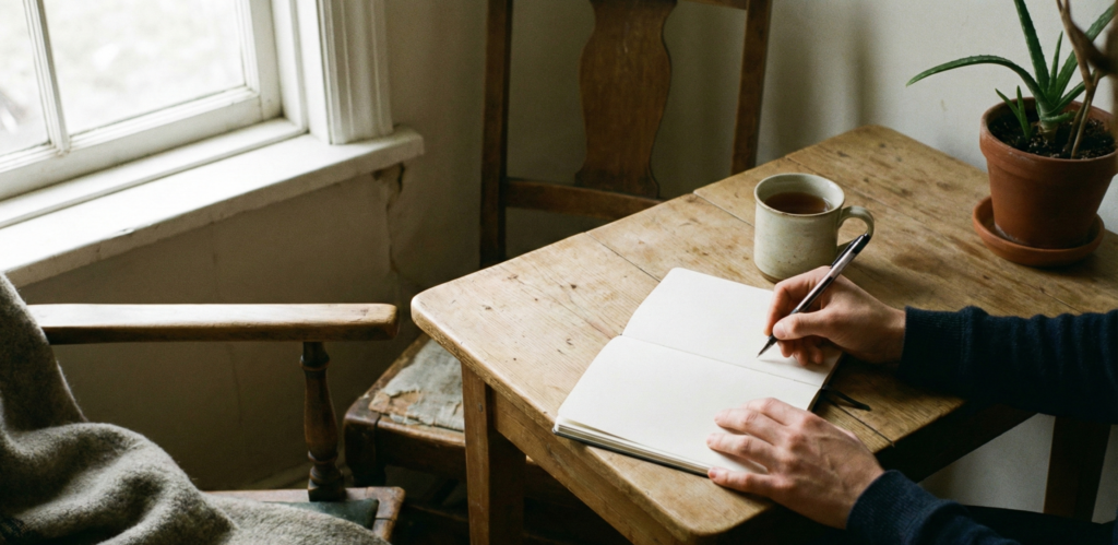 Pessoa escrevendo em um caderno de journaling em um ambiente iluminado, simbolizando reflexão sobre crenças financeiras.