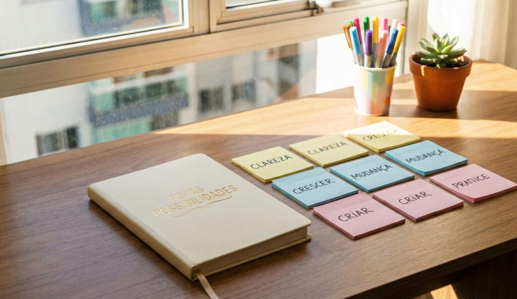 Materiais de journaling organizados sobre uma mesa com luz natural, simbolizando transformação da mentalidade financeira e novas possibilidades.
