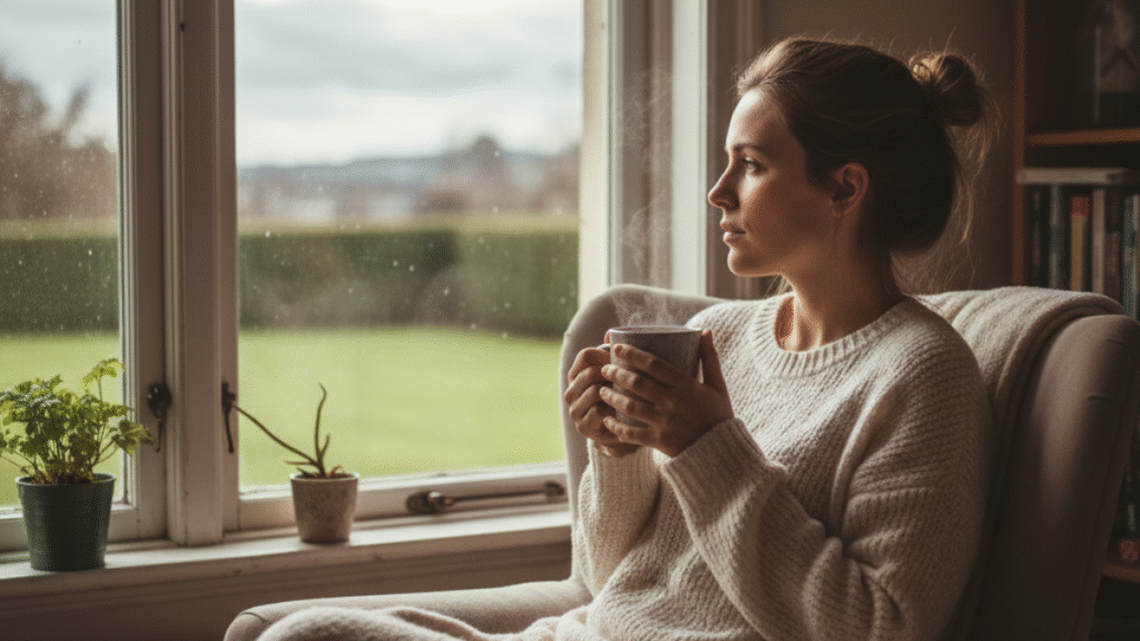 Mulher refletindo calmamente perto da janela, simbolizando equilíbrio emocional e pensamento positivo consciente.