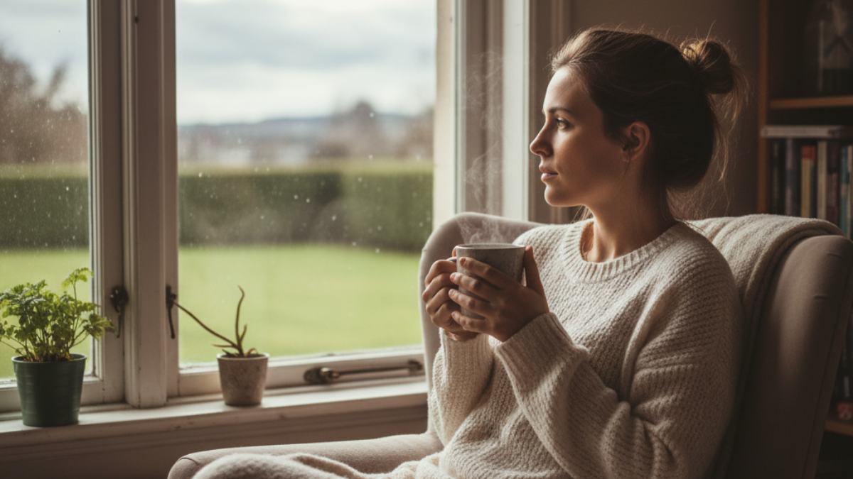 Mulher refletindo calmamente perto da janela, simbolizando equilíbrio emocional e pensamento positivo consciente.