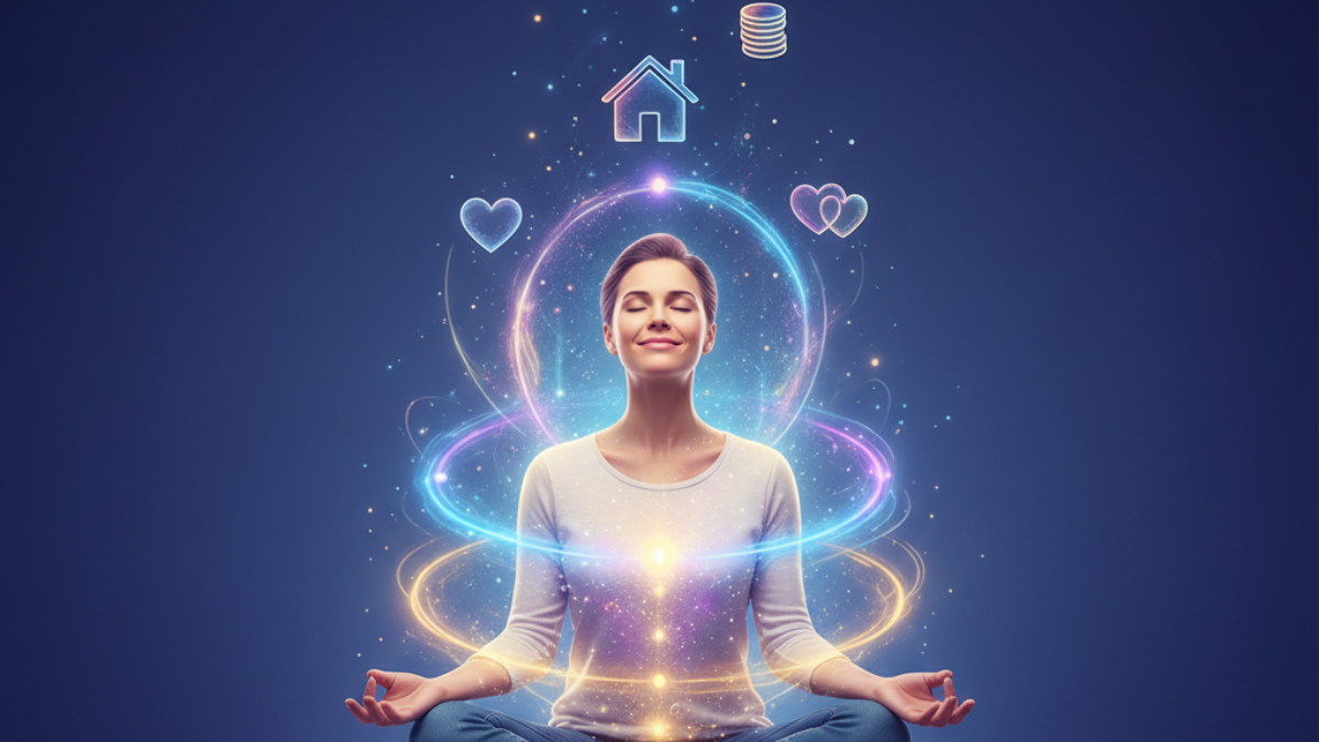 Pessoa meditando e visualizando seus desejos, representando como funciona a Lei da Atração.