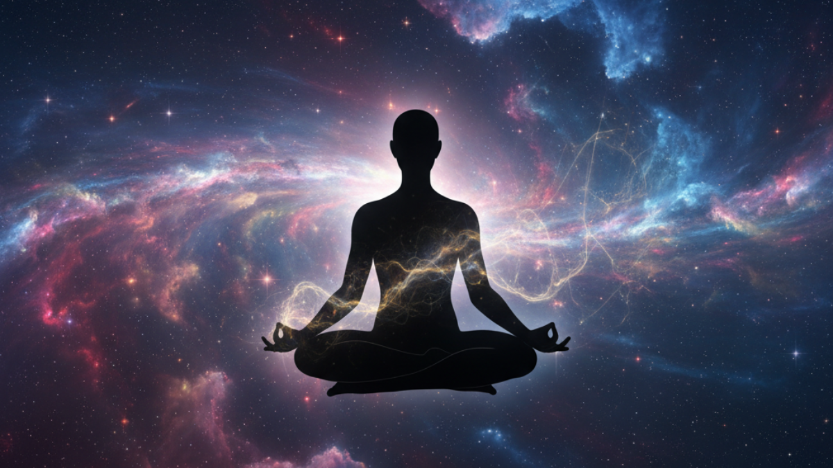 Silhueta meditando diante do universo representando conexão mental e manifestação.