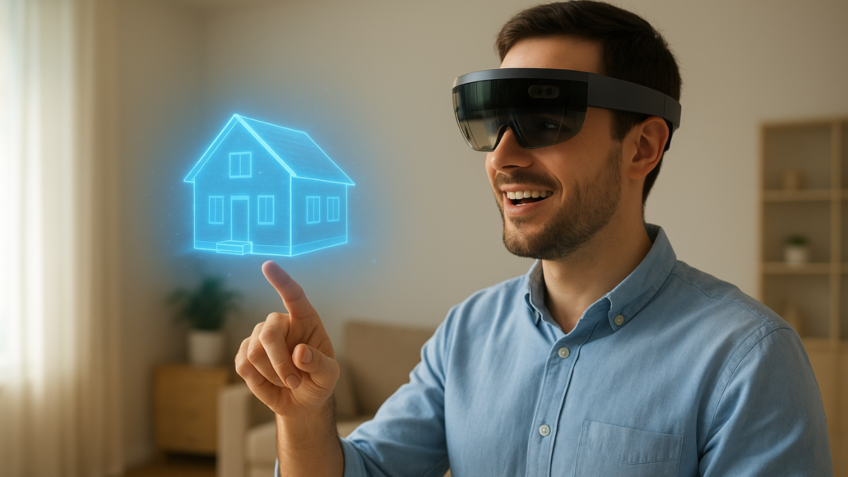 Homem usando óculos de realidade aumentada enquanto visualiza seus desejos pela Lei da Atração.