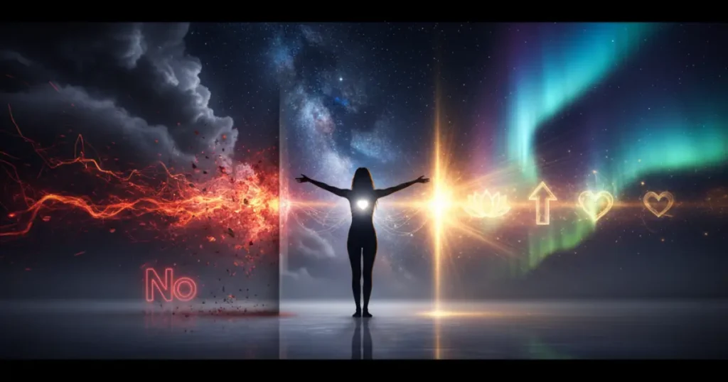 Mulher tocando o reflexo no espelho, onde aparece o sucesso que ela está manifestando, ilustrando a linguagem vibracional e a lei da atração.