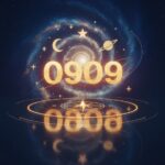 Símbolos de universo e galáxia com o número 0909 em destaque, representando a Lei da Atração e um sinal do universo.