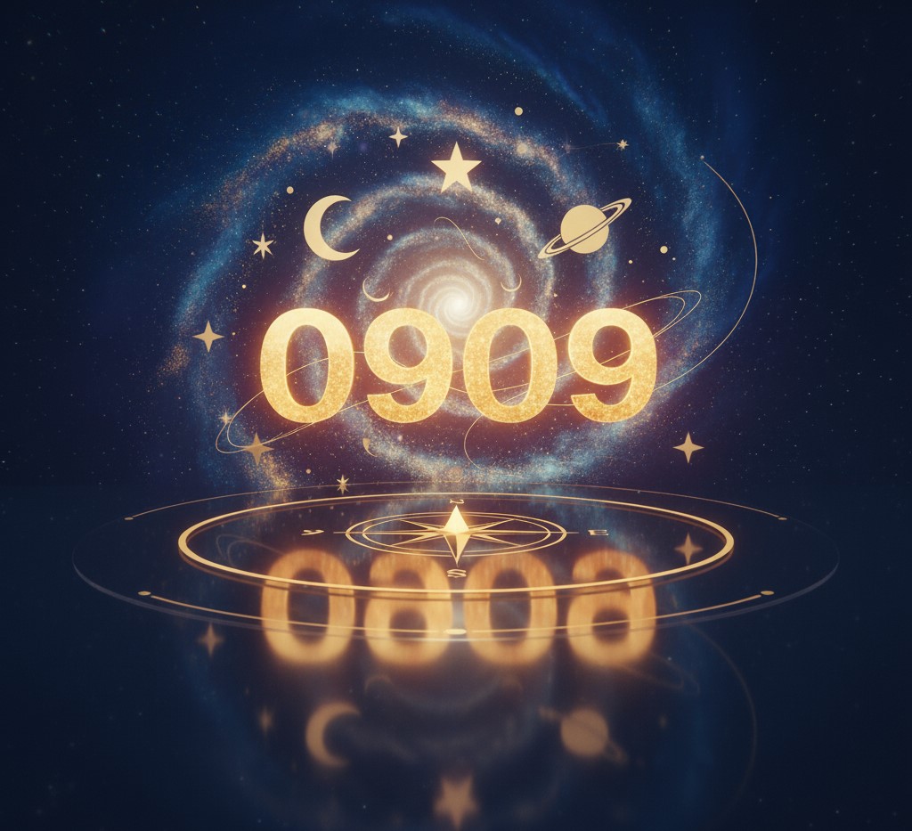 Símbolos de universo e galáxia com o número 0909 em destaque, representando a Lei da Atração e um sinal do universo.