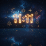 O número 11:11 brilhando no espaço com símbolos cósmicos, representando a Lei da Atração e sinais do universo.