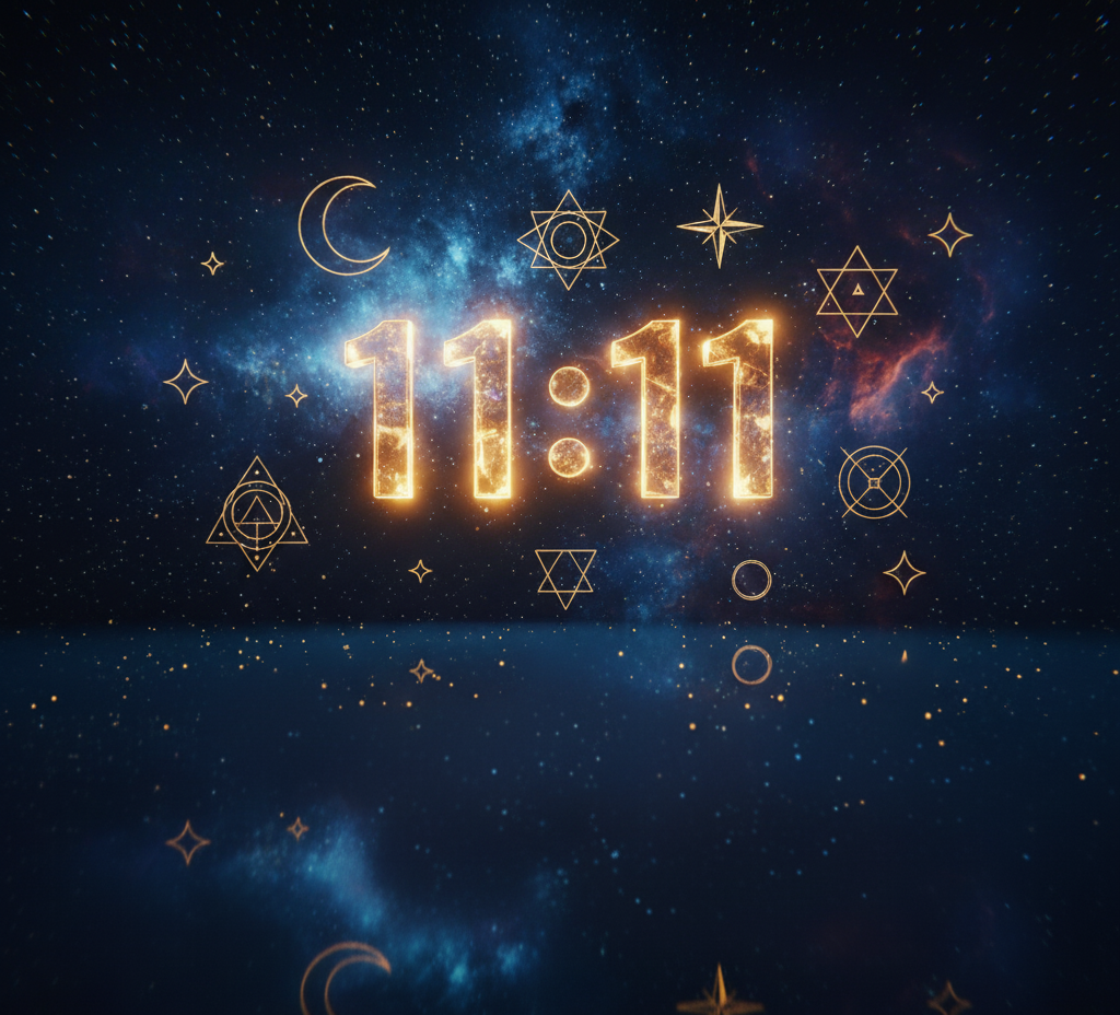 O número 11:11 brilhando no espaço com símbolos cósmicos, representando a Lei da Atração e sinais do universo.