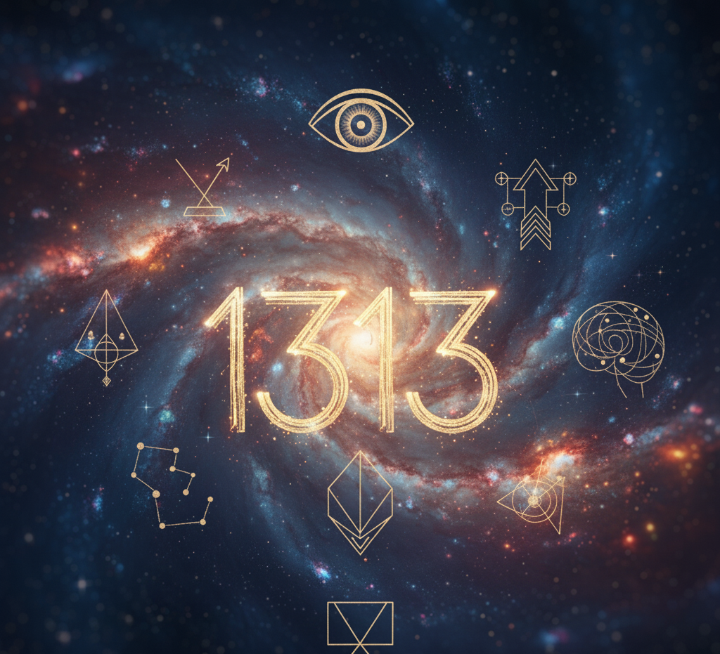 numero 1313 dourado em galaxia com simbolos da lei da atracao