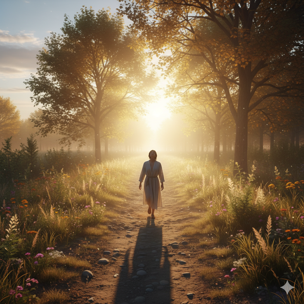 Pessoa caminhando em direção à luz, simbolizando confiança e clareza na Lei da Atração.