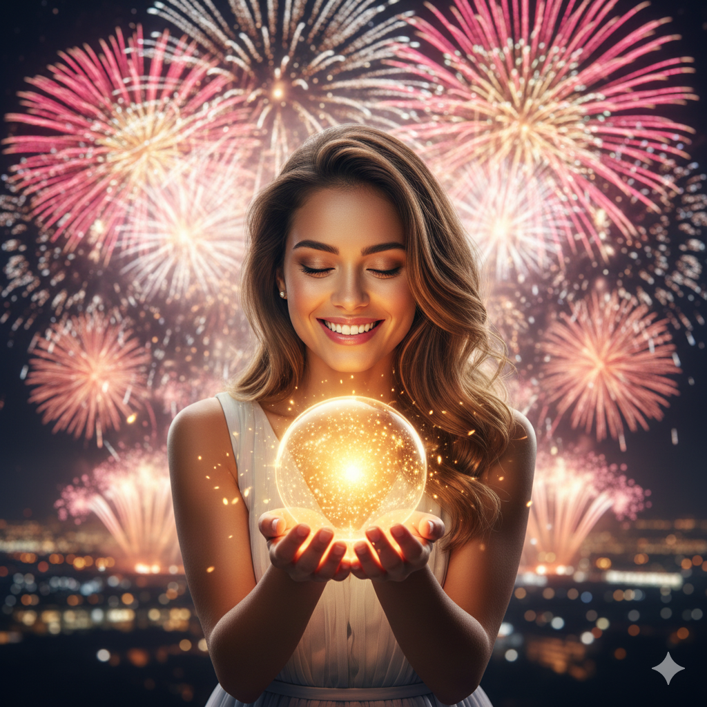 Mulher segurando luz dourada com fogos de artifício ao fundo simbolizando manifestação de amor no Réveillon