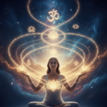 Ilustração de uma pessoa meditando com luz e energia vibracional fluindo, representando a união de mantras e a Lei da Atração para manifestar desejos.