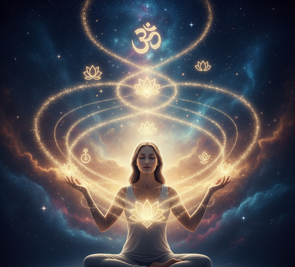 Ilustração de uma pessoa meditando com luz e energia vibracional fluindo, representando a união de mantras e a Lei da Atração para manifestar desejos.