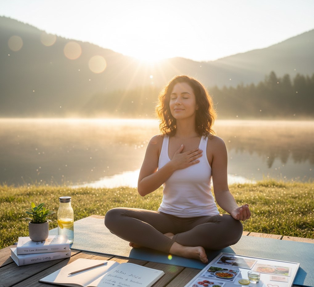 Mulher meditando com a mão no coração ao nascer do sol, à beira de um lago, com um diário de metas e um quadro de visão. Imagem para artigo sobre saúde, bem-estar e autocuidado com a Lei da Atração para metas em 2026.