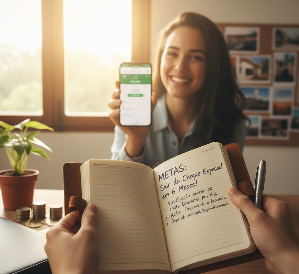 Título sobre como usar a lei da atração para sair do cheque especial em seis meses.