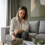 Pessoa refletindo sobre dinheiro e finanças, representando hábitos de escassez que dificultam a manifestação de prosperidade