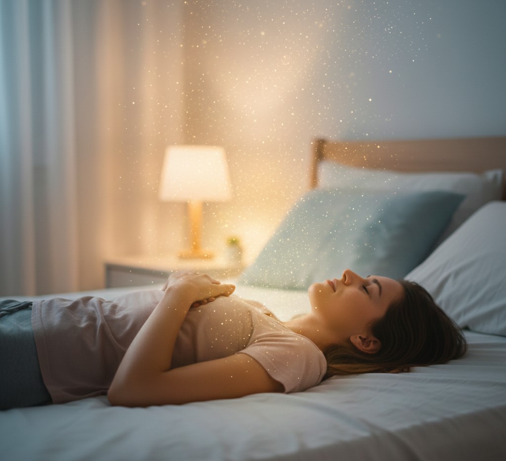 Pessoa relaxando antes de dormir, substituindo pensamentos negativos por positivos.