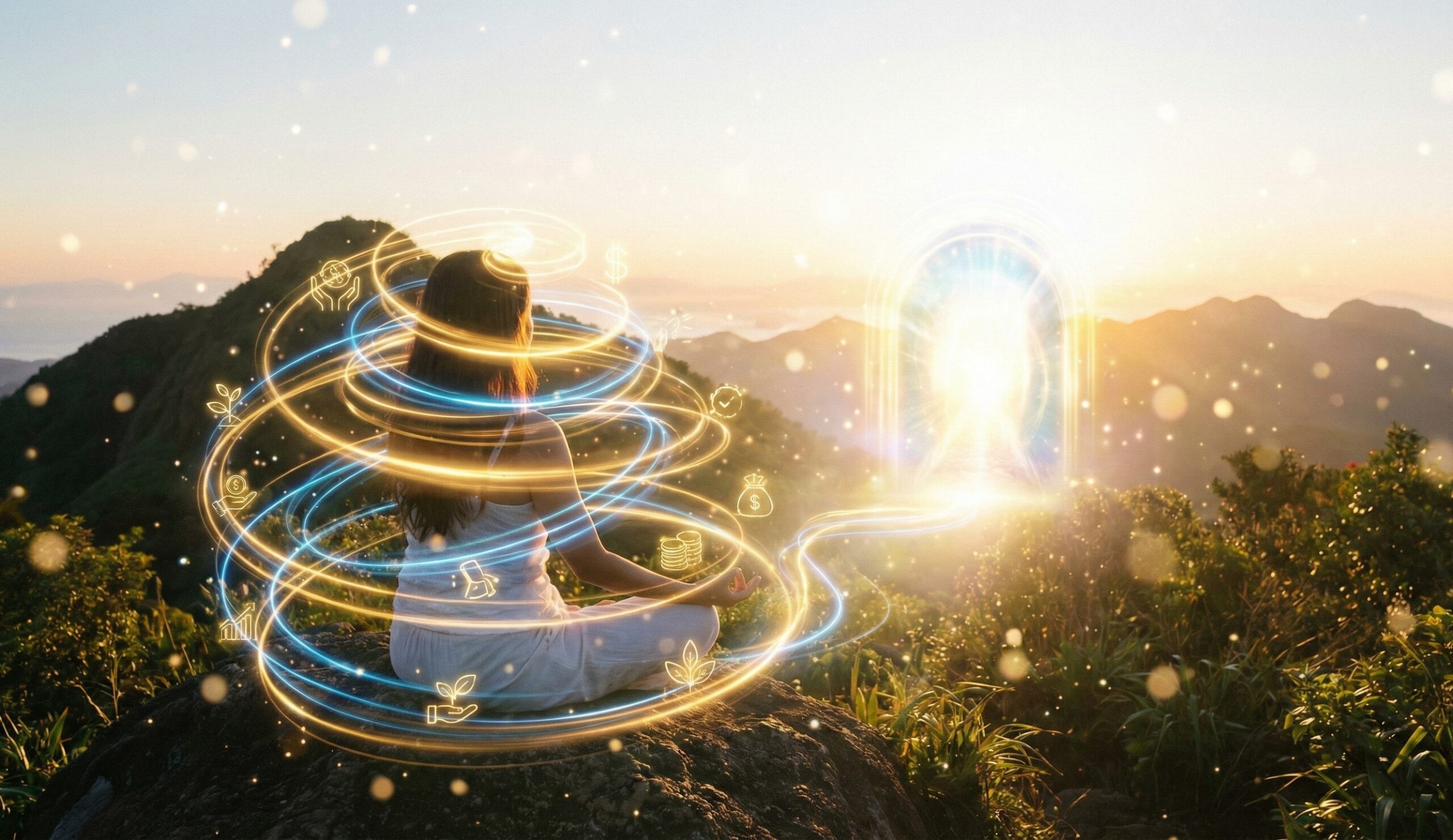 Pessoa meditando em ambiente iluminado, com energia e luzes suaves representando a Lei da Atração e o início de um novo ciclo.