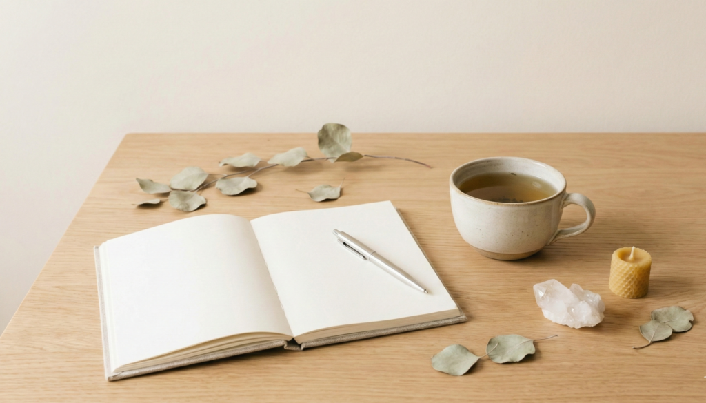 Imagem ilustrativa com caderno aberto e caneta sobre mesa clara, representando um roteiro de journaling de 7 dias para destravar crenças de escassez financeira.