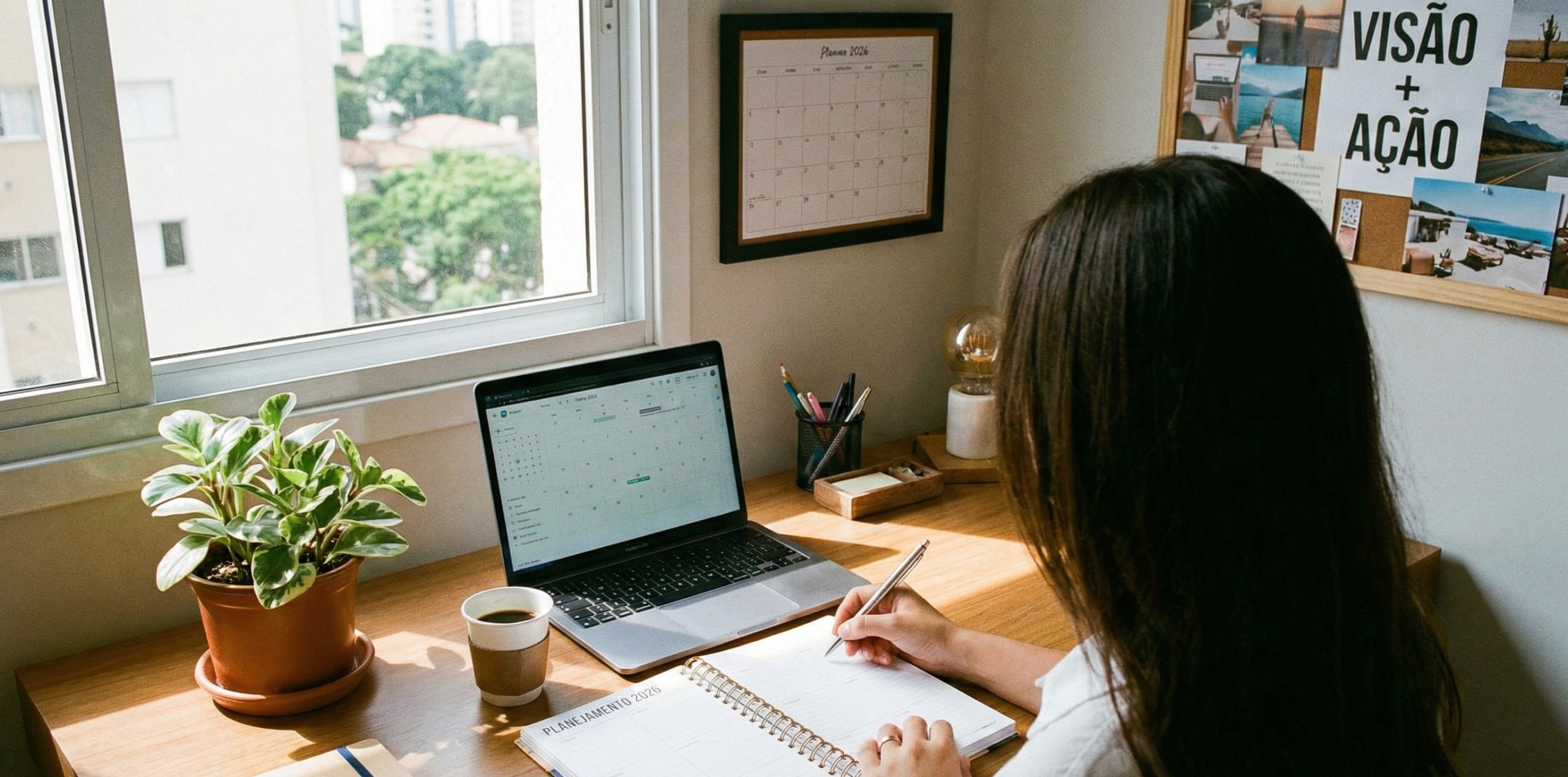 Pessoa planejando o novo ano em um planner organizado, representando alinhamento entre visão e ação.