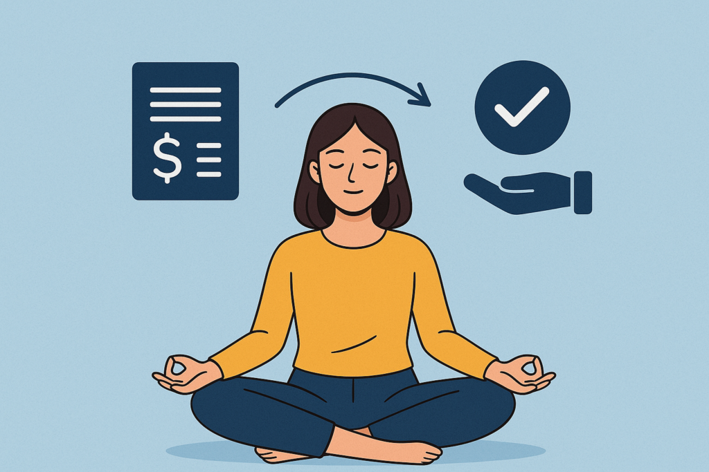 Mulher praticando visualização guiada para negociar dívidas sem vergonha